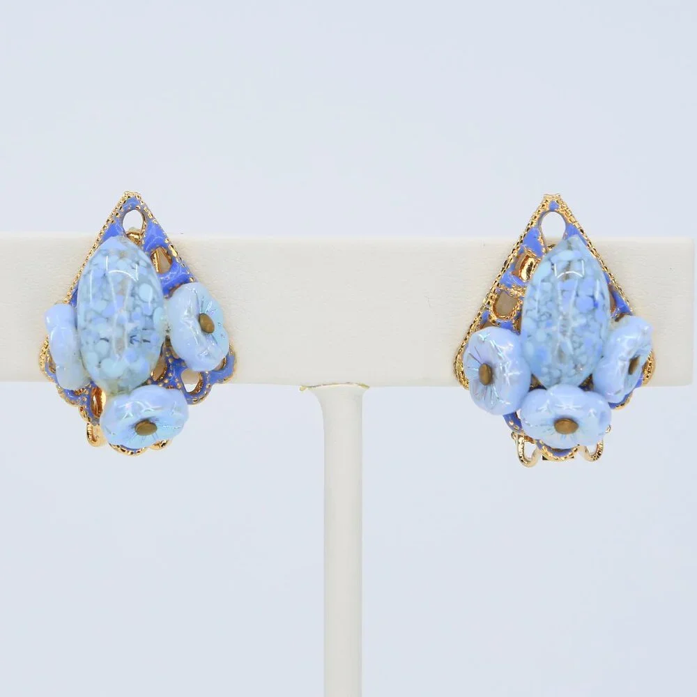 Vintage Hobé Blue Iridescent & Speckled Art Glass‎ Floral Clip On Earrings 1950s